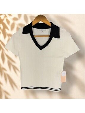 New Blashe Top Women L Large White Ribbed Collared Short Sleeve Casual Stretch